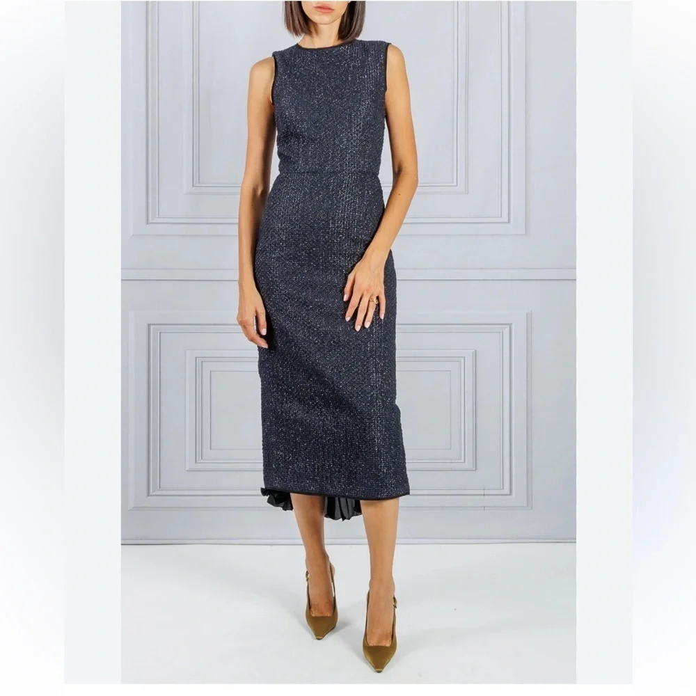 Mantu Italy Midi Dress Size IT 40 US 4 Navy Blue Tweed Metallic Sheath